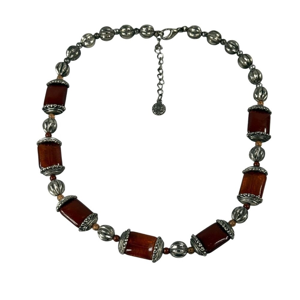 Vintage Silver-Tone Necklace Amber-Like Beads Ornate Metal Spacers Fall Colors